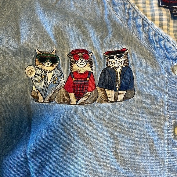 90s Cottage Cat Embroidered Cool Shirt Denim Granny Large Jean Blue Catlady - Picture 13 of 16